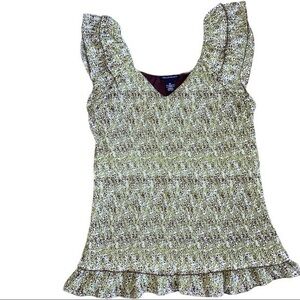 Courtenay size Medium sleeveless layered tank, green, brown, white,ruffle straps